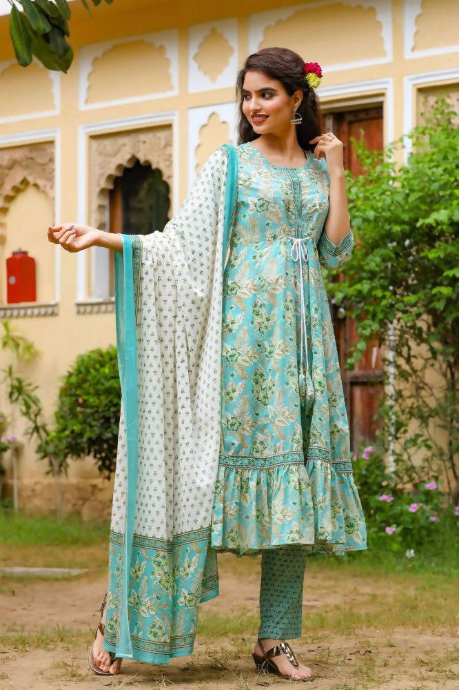 Yufta Blue Printed Tiered Kurta with Trouser and Dupatta