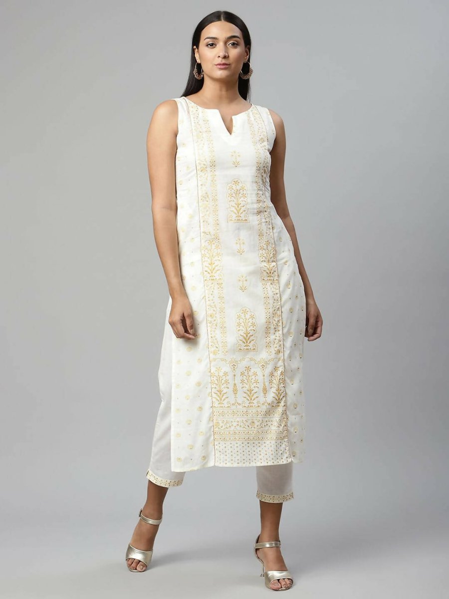 Ahalyaa Womens Off White Pure Cotton Printed Kurta Pant Set - Distacart
