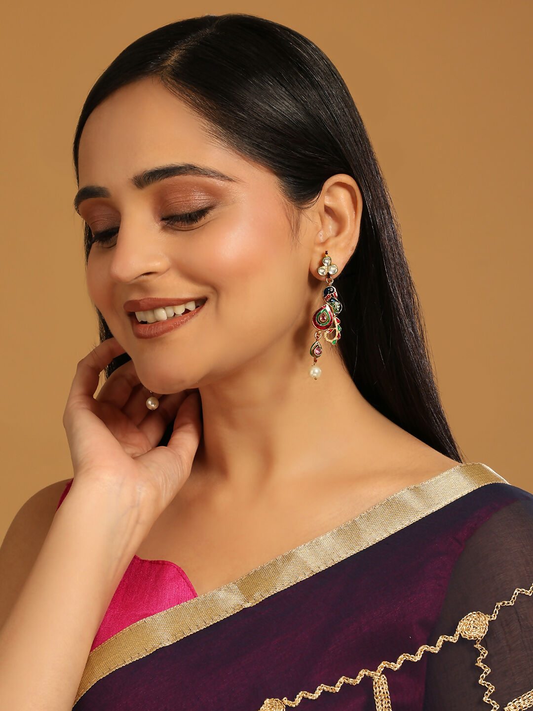 Nuyug 22K Gold Plated Pearl Drop Kundan Studded Ethnic Peacock Shaped Drop Earrings - Distacart