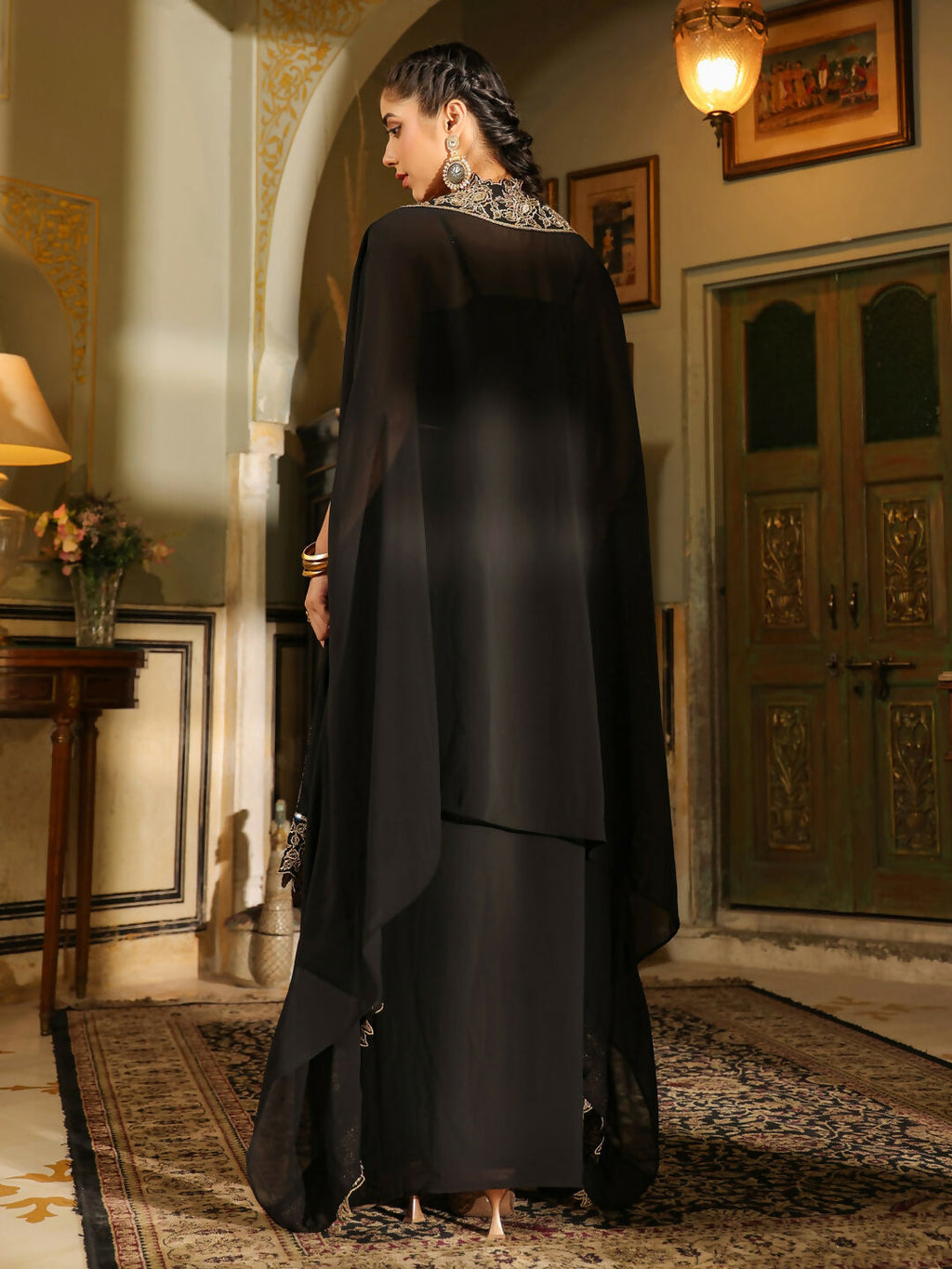 Janasya Black Georgette Solid Top Bottom Cape