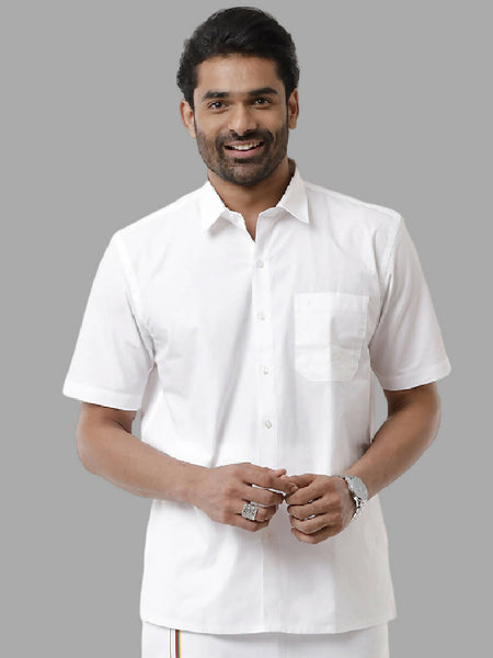 Ramraj Cotton Mens Half Sleeve White Shirt Plus Size - Samrat Cotton