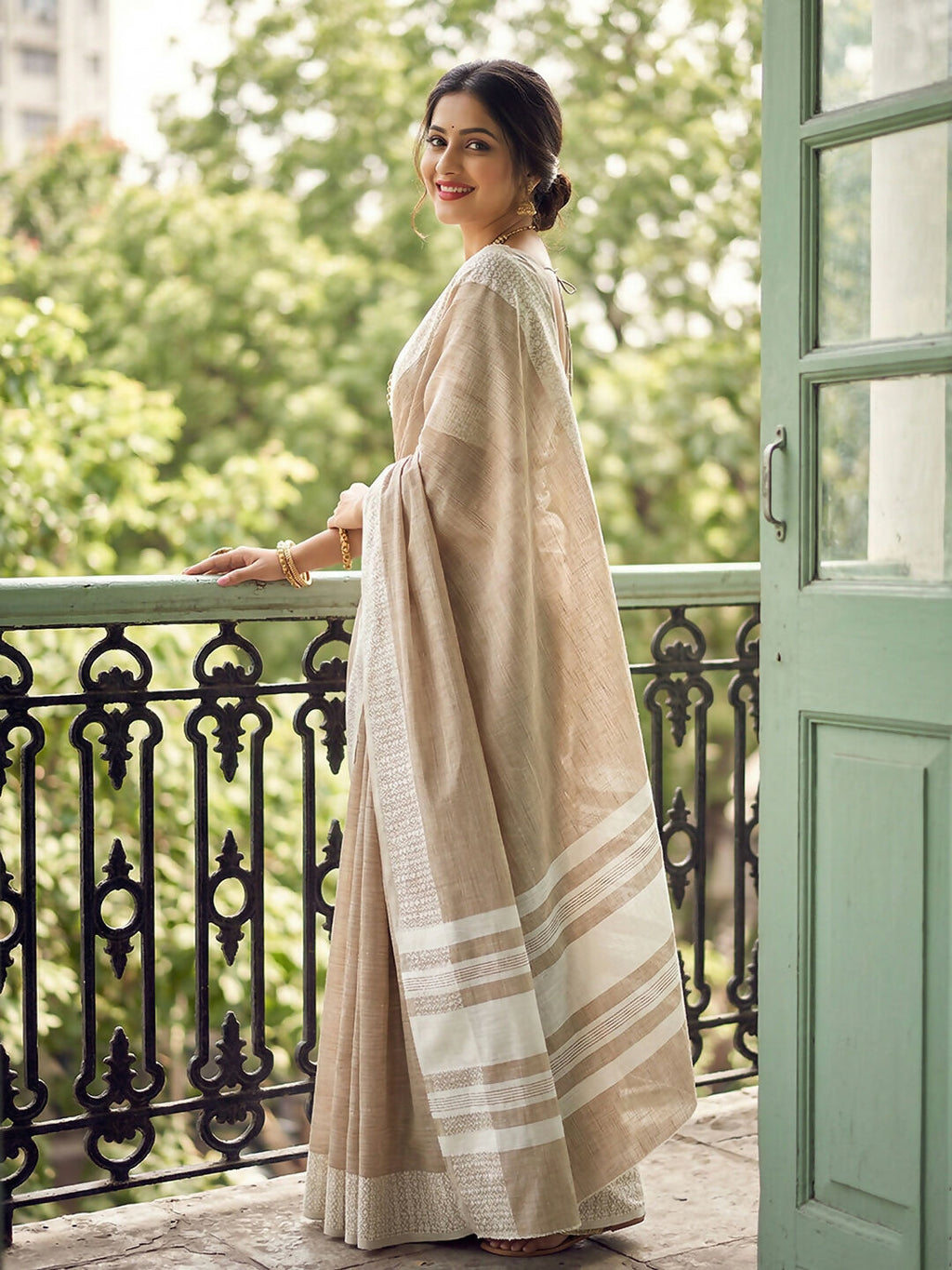 Shree Shyam Fashion Lite Brown Linen Saree - Distacart