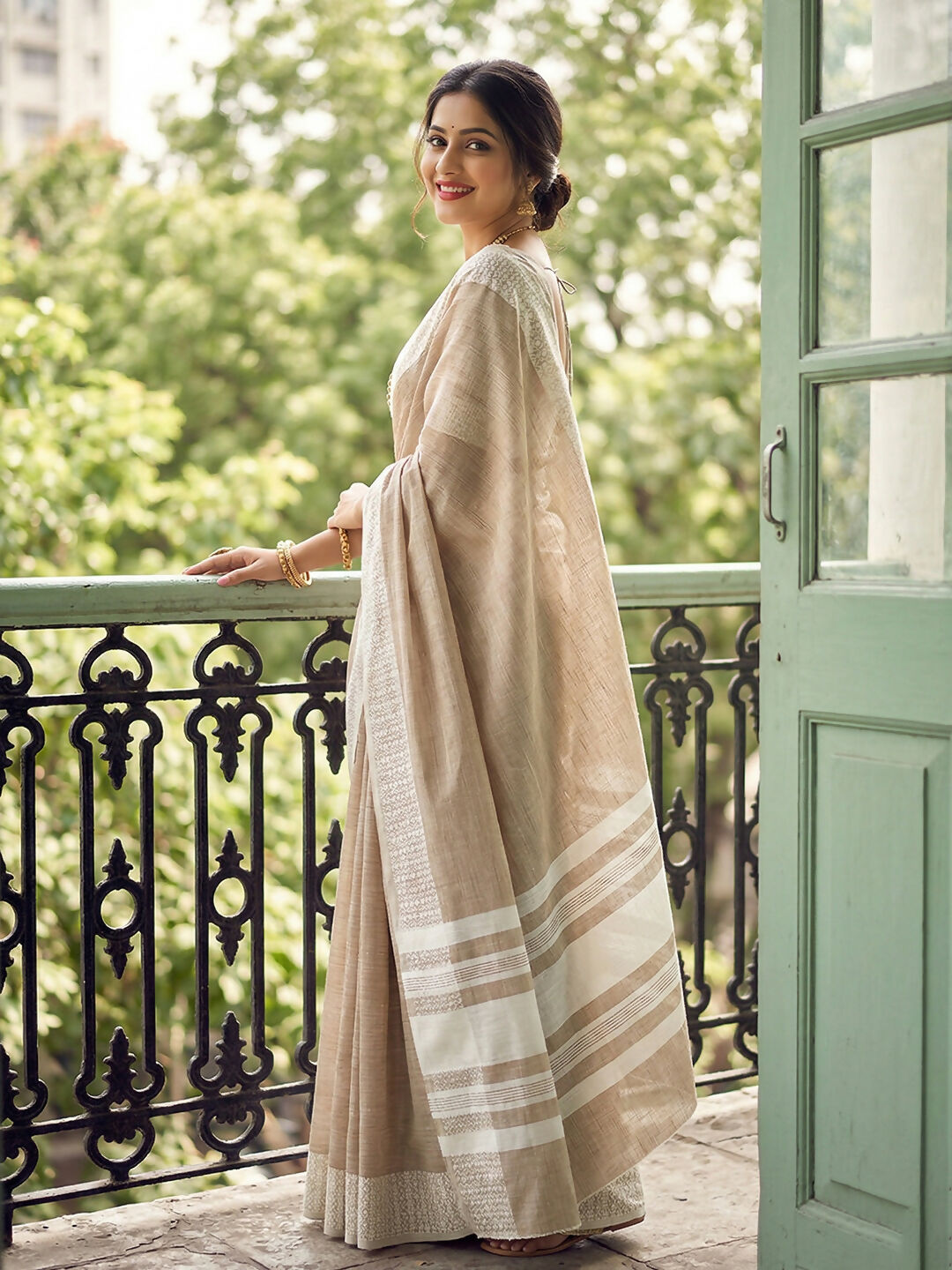 Shree Shyam Fashion Lite Brown Linen Saree - Distacart
