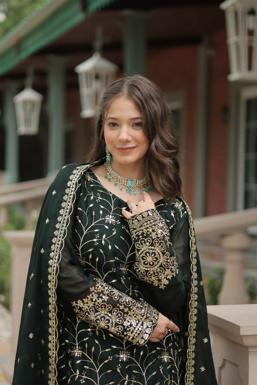 Vastranavya Premium Designer Heavy Sequins & Thread Embroidered work Kurti Palazzo & Dupatta - Mehendi