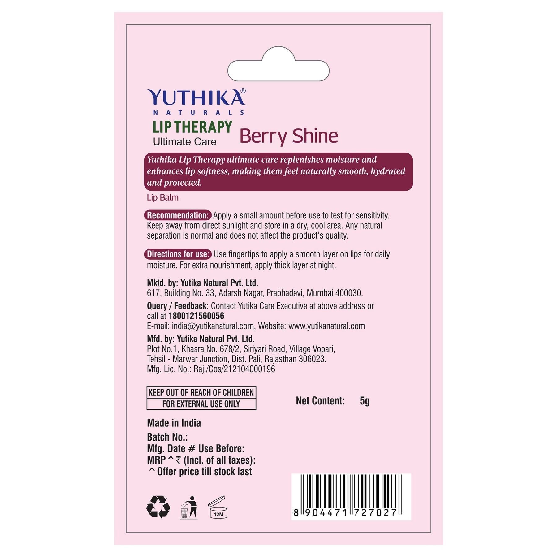 Yuthika Moisturizing Lip Balm – Berry Shine - Distacart