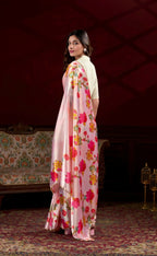 Vastranavya Peach Satin Silk Floral Printed with Pearl Lace Saree with Unstitched Blouse - Distacart