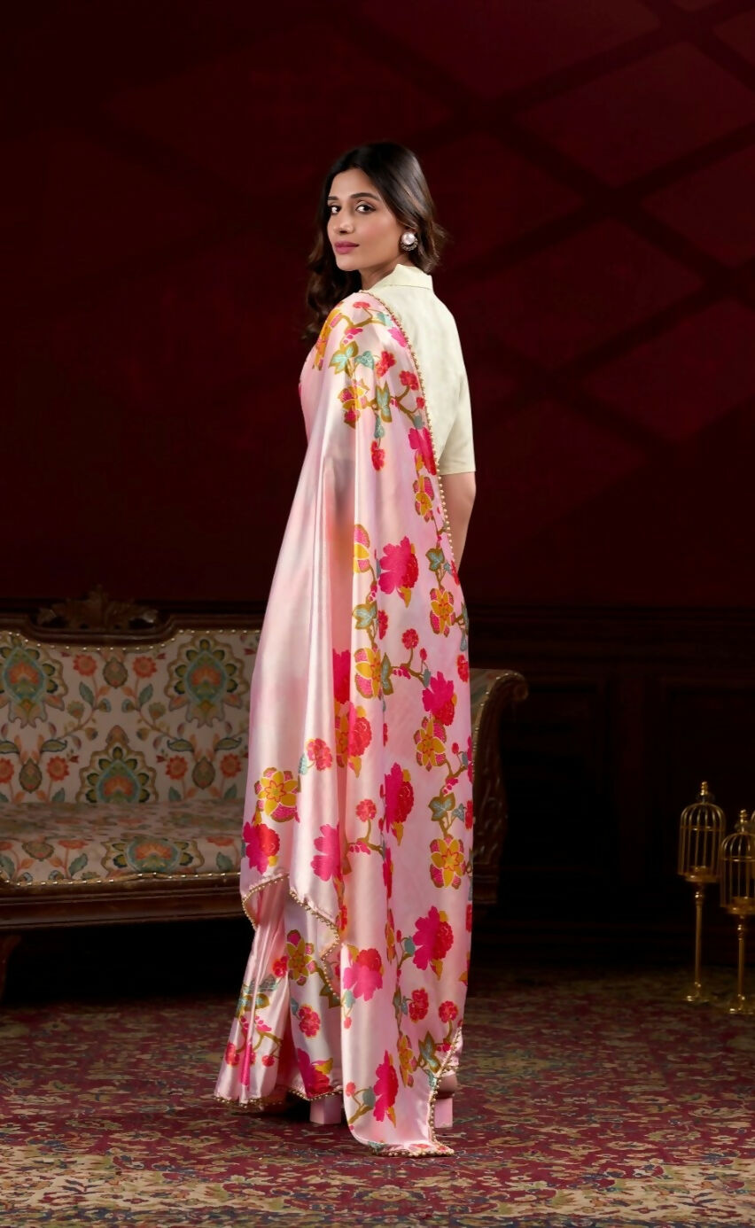 Vastranavya Peach Satin Silk Floral Printed with Pearl Lace Saree with Unstitched Blouse - Distacart