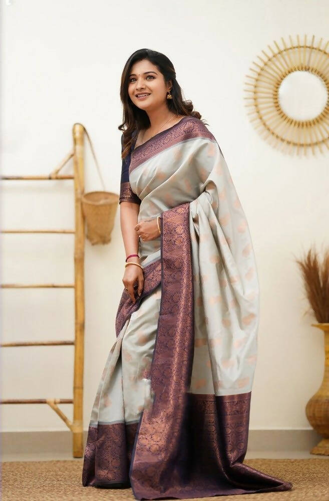 DEIANA'S Beautiful Designer Golden zari Soft Lichi Silk Saree - White