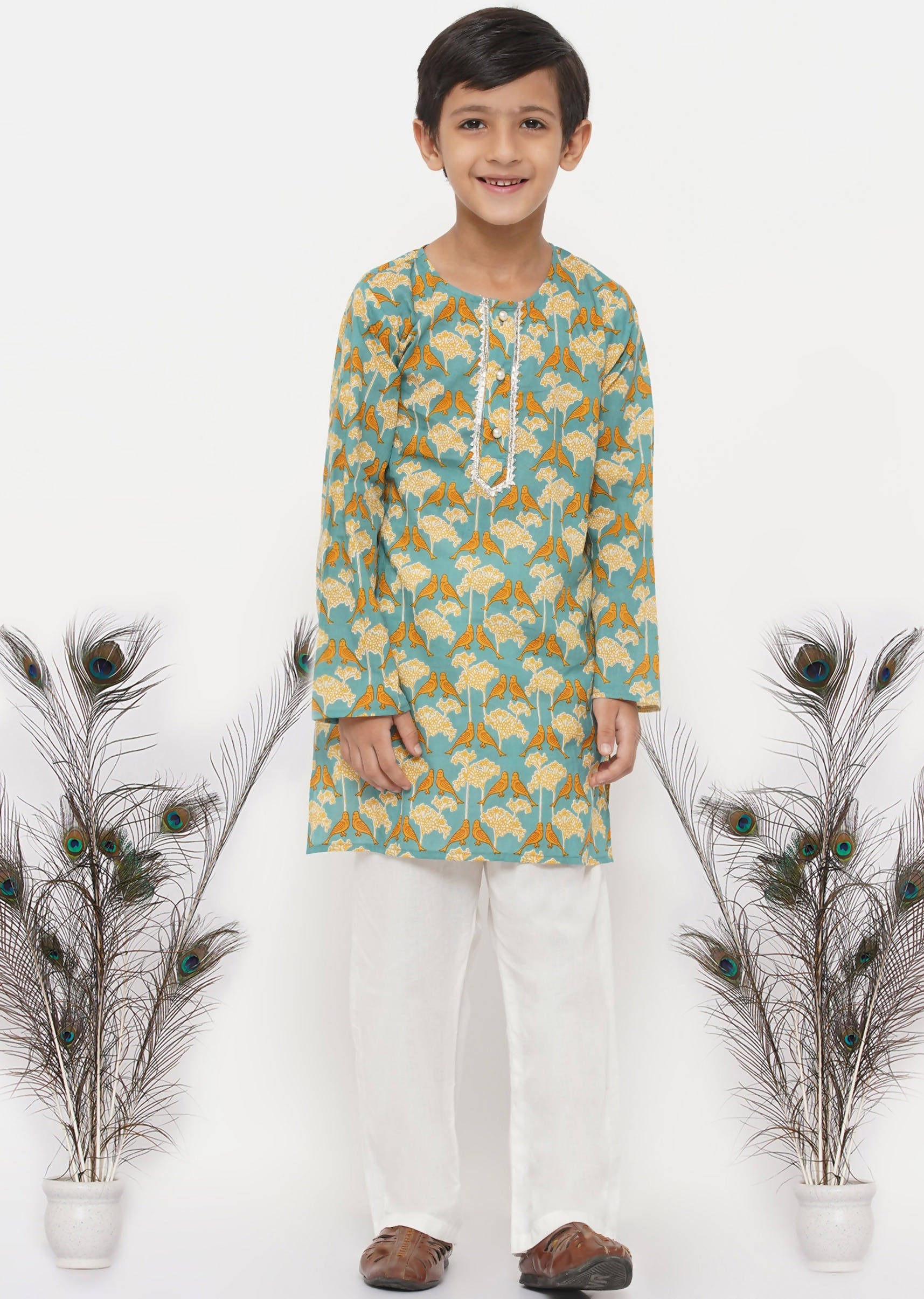 Little Bansi Boys Cotton Bird Print Kurta with Pearl Buttons & Pyjama -Blue & Cream