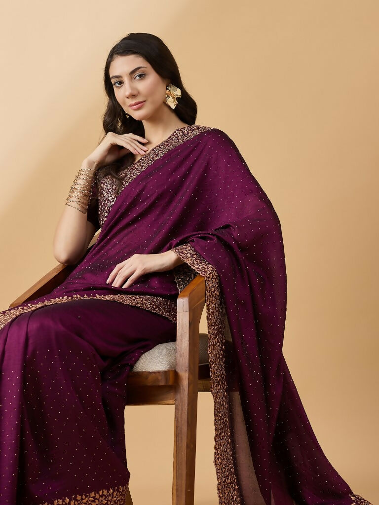 Purple Silk Blend Embroidered Saree with Unstitched Blouse - Vairagi