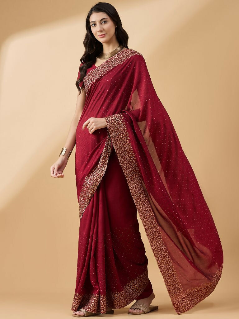 Maroon Silk Blend Embroidered Saree with Unstitched Blouse - Vairagi