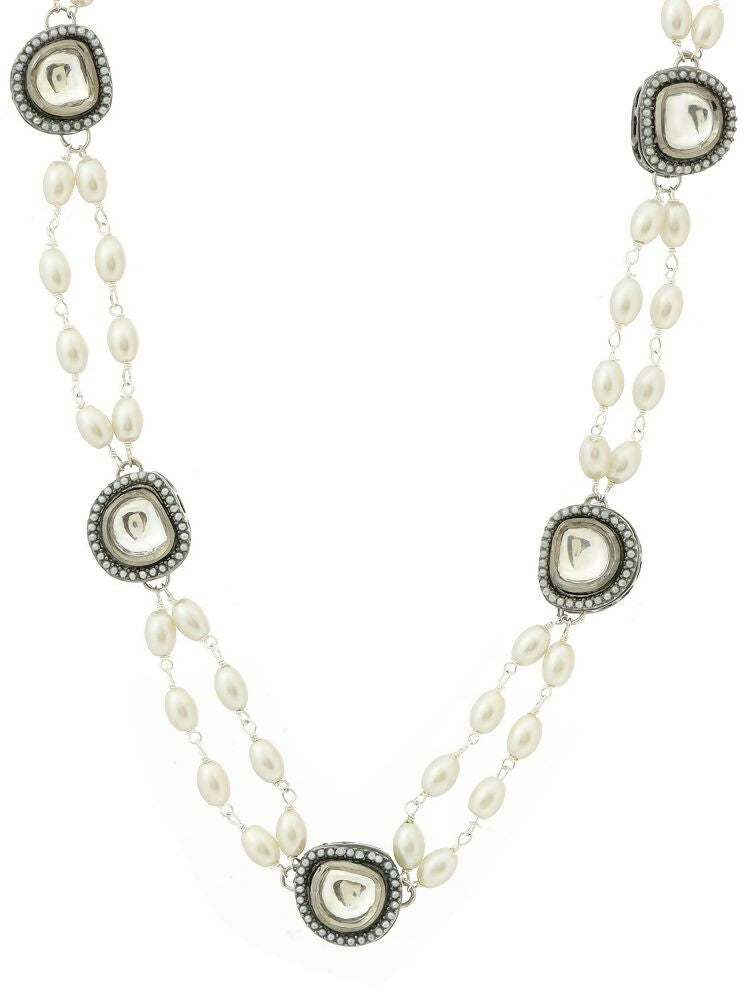 Rhodium Plated Kundan Necklace - Ruby Raang