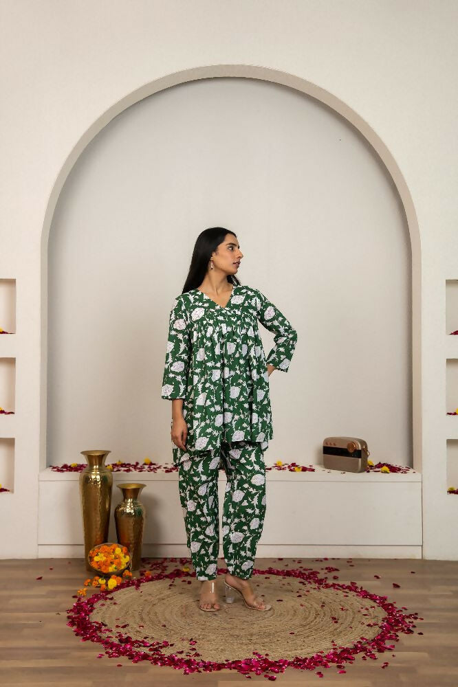 Joban Fashion Green Hand Block Printed Cotton Co-Ord Set - Distacart