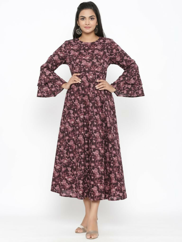 Miravan Women's Maroon Floral Bell Sleeves Anarkali Kurta