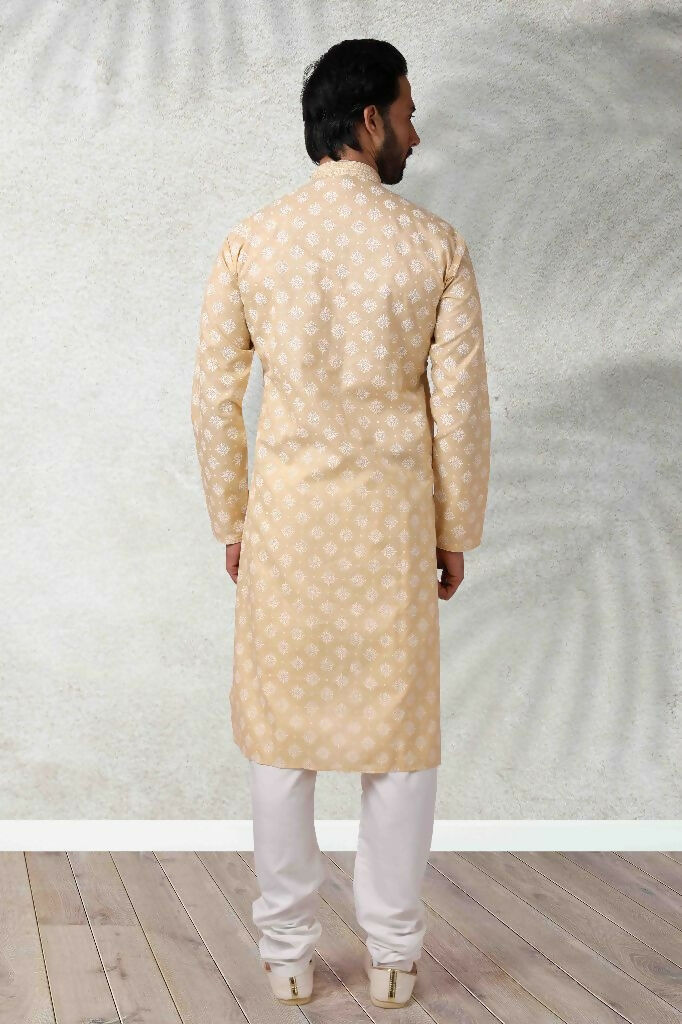 Raivat Ethnic Cotton Printed Work Kurta Pajama In Beige Colour