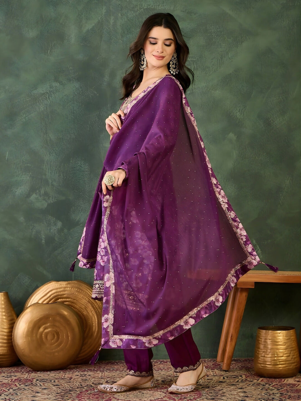 The52 Women's Beautiful Embroidery Work Chinon silk Fabric Straight Kurta Pant and Dupatta Set - Distacart