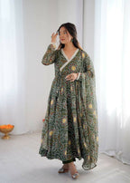 Teeya Creation Green Soft Organza Digital Printed Functional Wear Trending Long Gown - Distacart