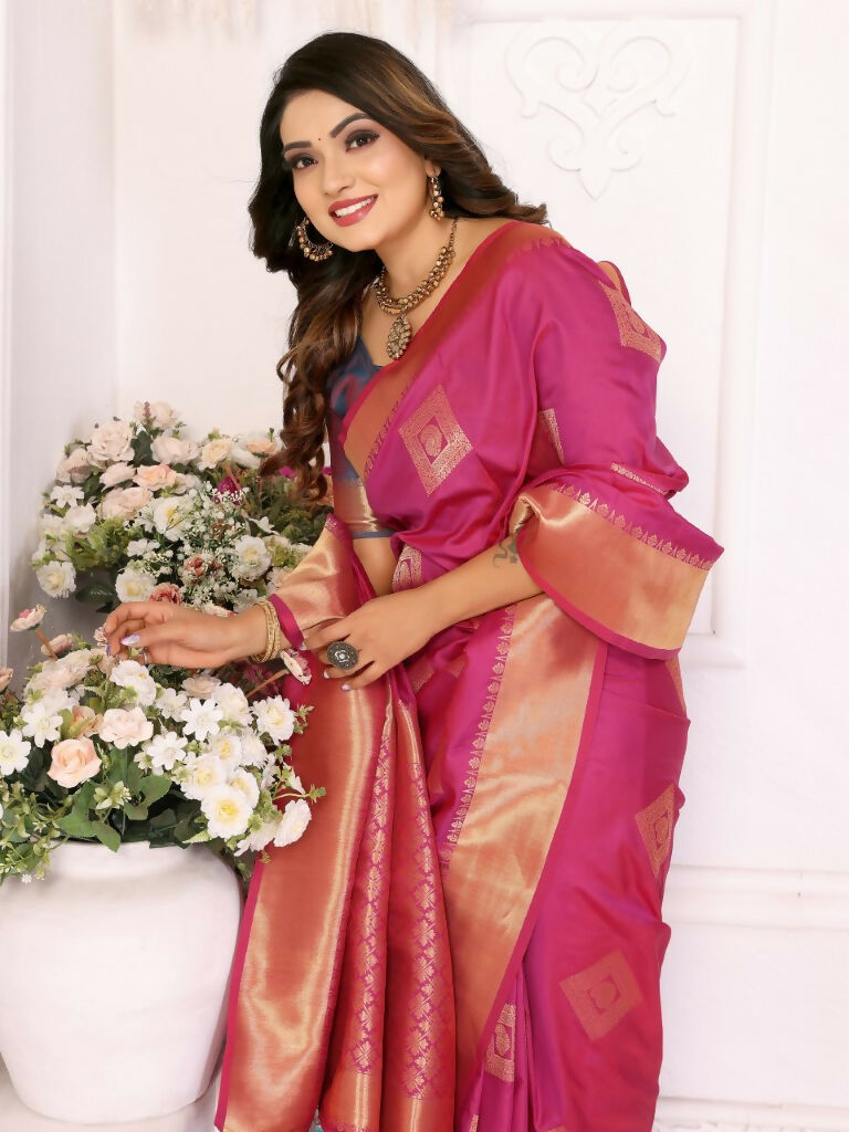 Anaita Rani Pink Soft Silk With Zari Weaving Borders Saree With Blouse