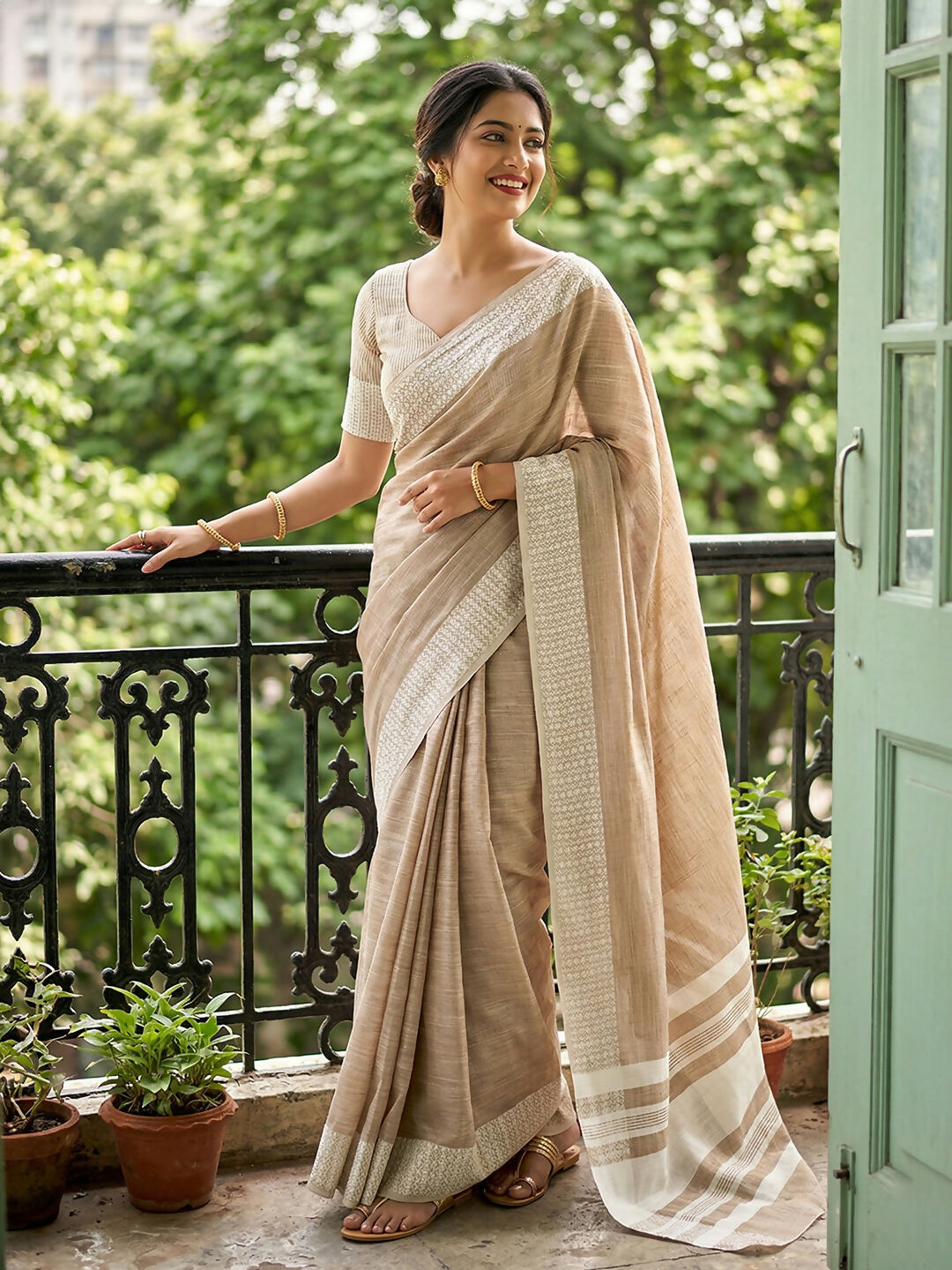Shree Shyam Fashion Lite Brown Linen Saree - Distacart