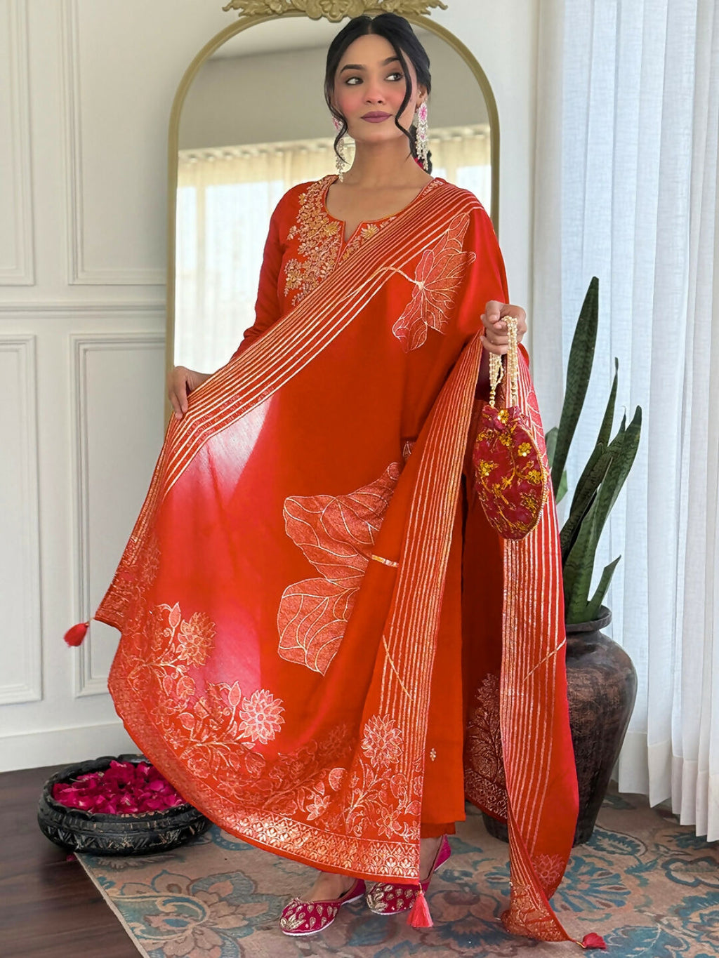 The52 Rust Women's Gorgeous Roman Silk Fabric Straight Kurta, Pant and Dupatta Set - Distacart