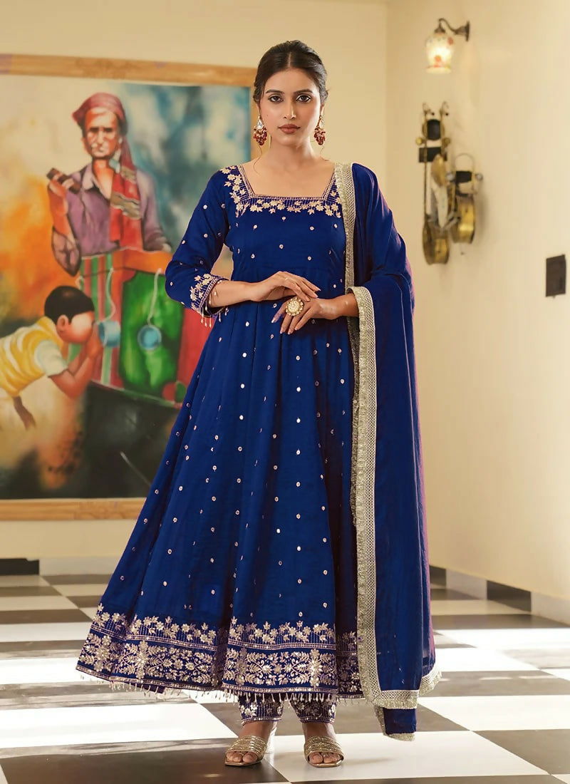 Teeya Creation Royal Blue Color Pure Vichitra Silk Embroidery Work Party Wear Gown - Distacart