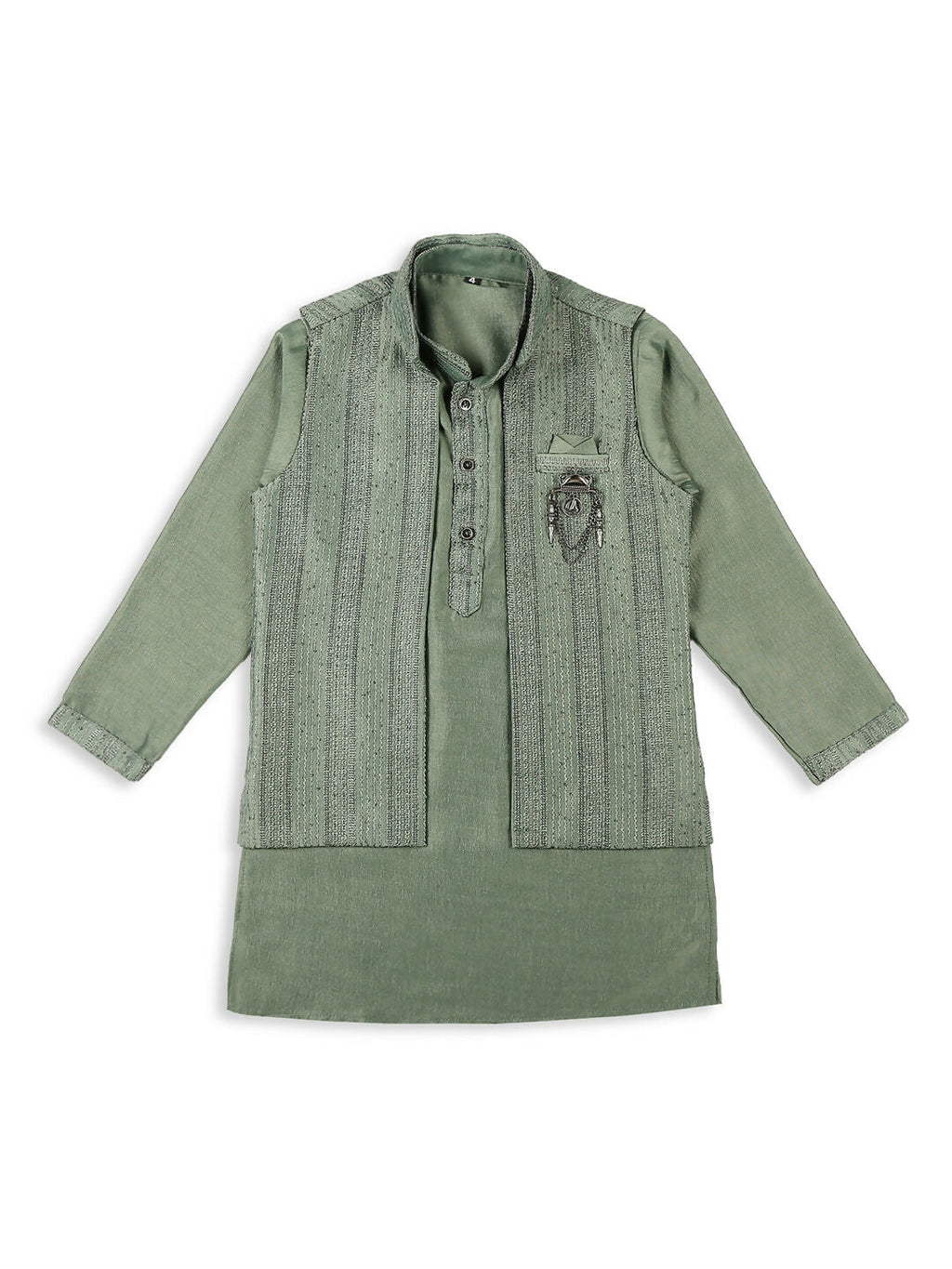 Joban Fashion Kids Island Embroidery Sequence Full Sleeves Kurta, Pyjama Set with Nehru Jacket - Green - Distacart