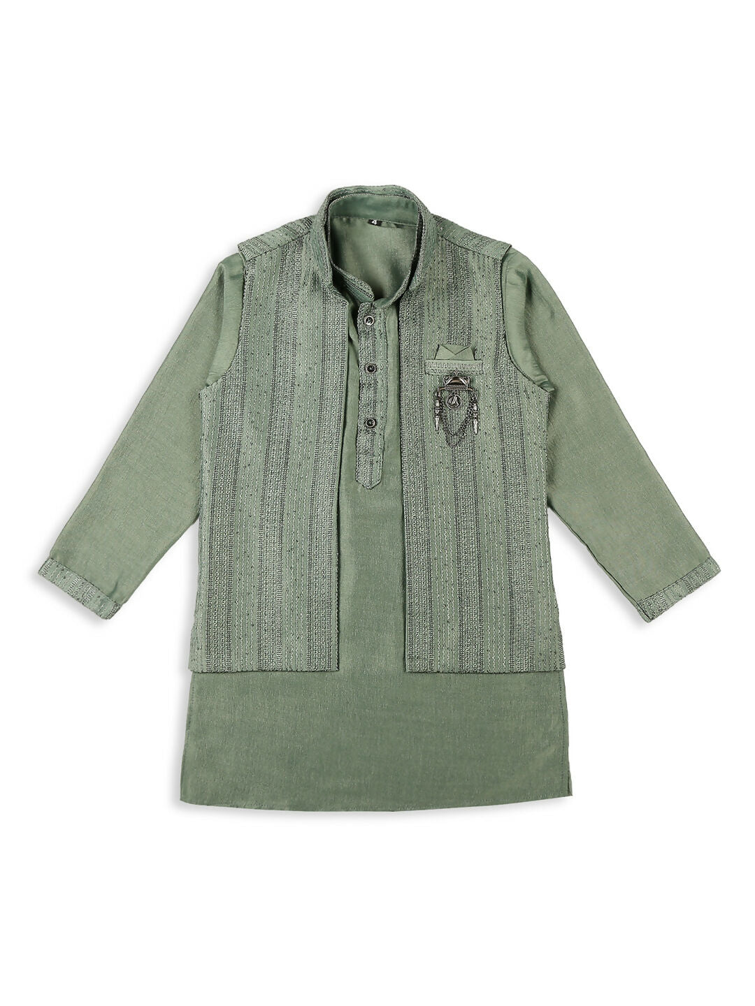 Joban Fashion Kids Island Embroidery Sequence Full Sleeves Kurta, Pyjama Set with Nehru Jacket - Green - Distacart