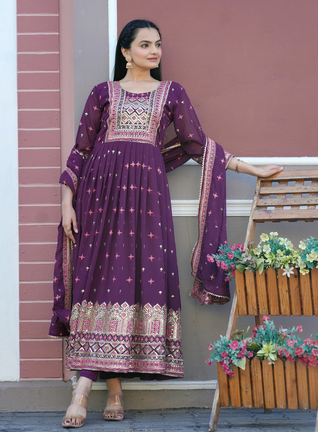 Lehenga Mart Designer Faux Georgette Gown With Sequence Embroidered Work - Purple