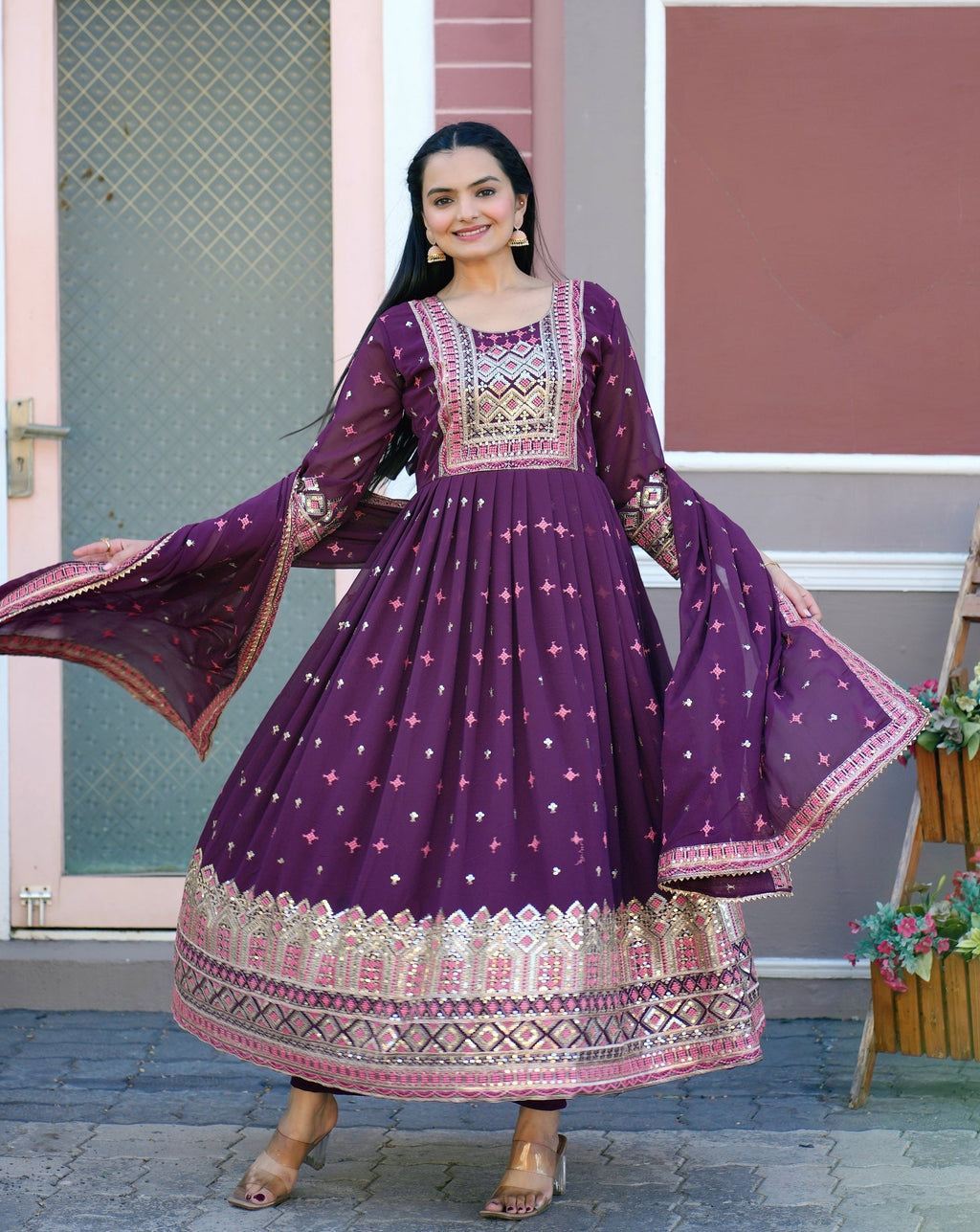 Lehenga Mart Designer Faux Georgette Gown With Sequence Embroidered Work - Purple