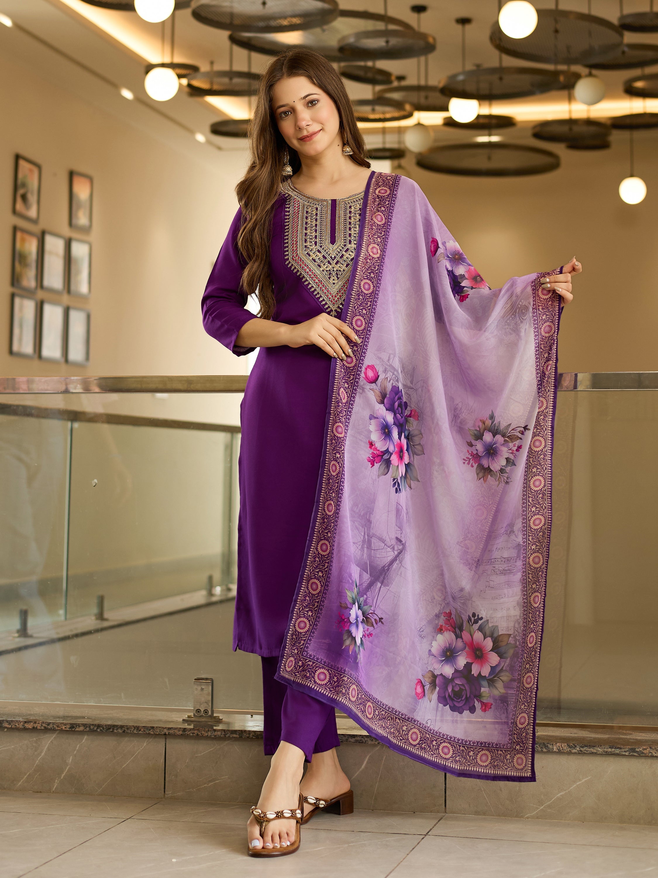 The52 Embroidered Rayon Fabric Straight Kurta, Pant and Dupatta Set - Distacart