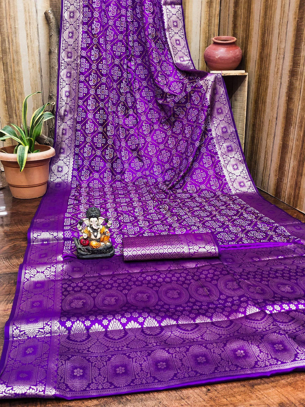 Anaita Purple Soft Satin Silk Bandhej Print Saree With Kanchi Zari Weaving Border - Distacart