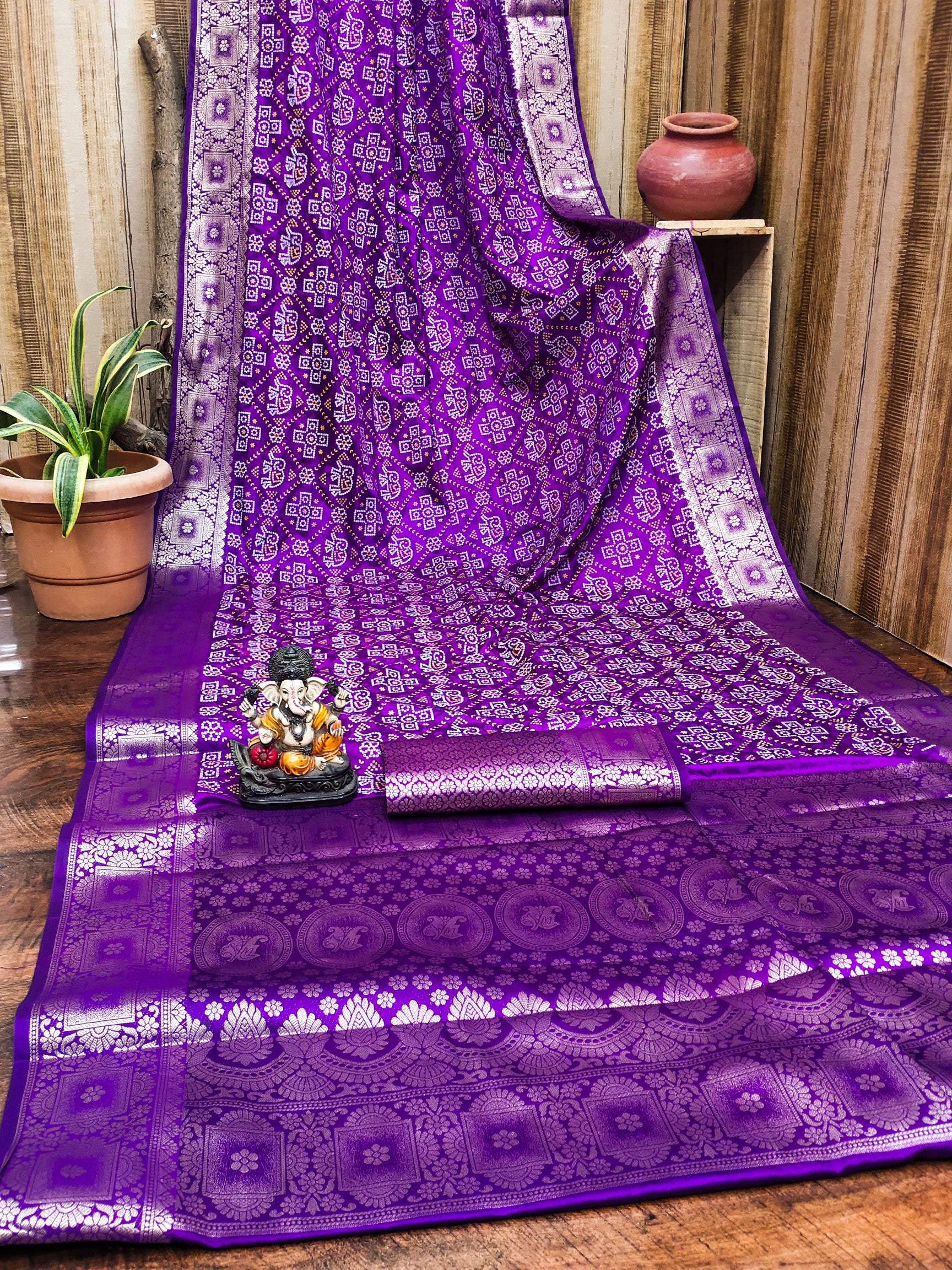 Anaita Purple Soft Satin Silk Bandhej Print Saree With Kanchi Zari Weaving Border - Distacart