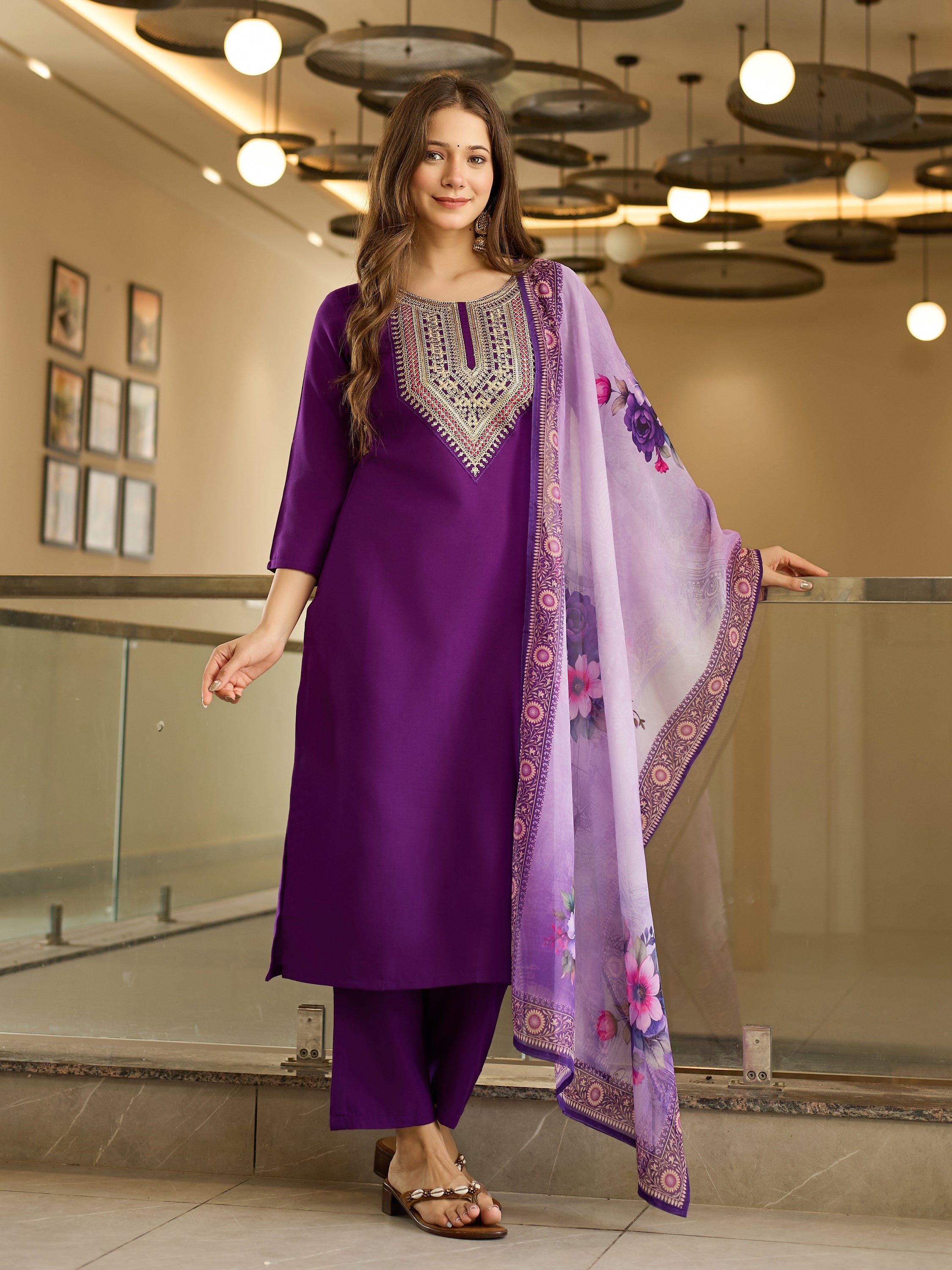 The52 Embroidered Rayon Fabric Straight Kurta, Pant and Dupatta Set - Distacart