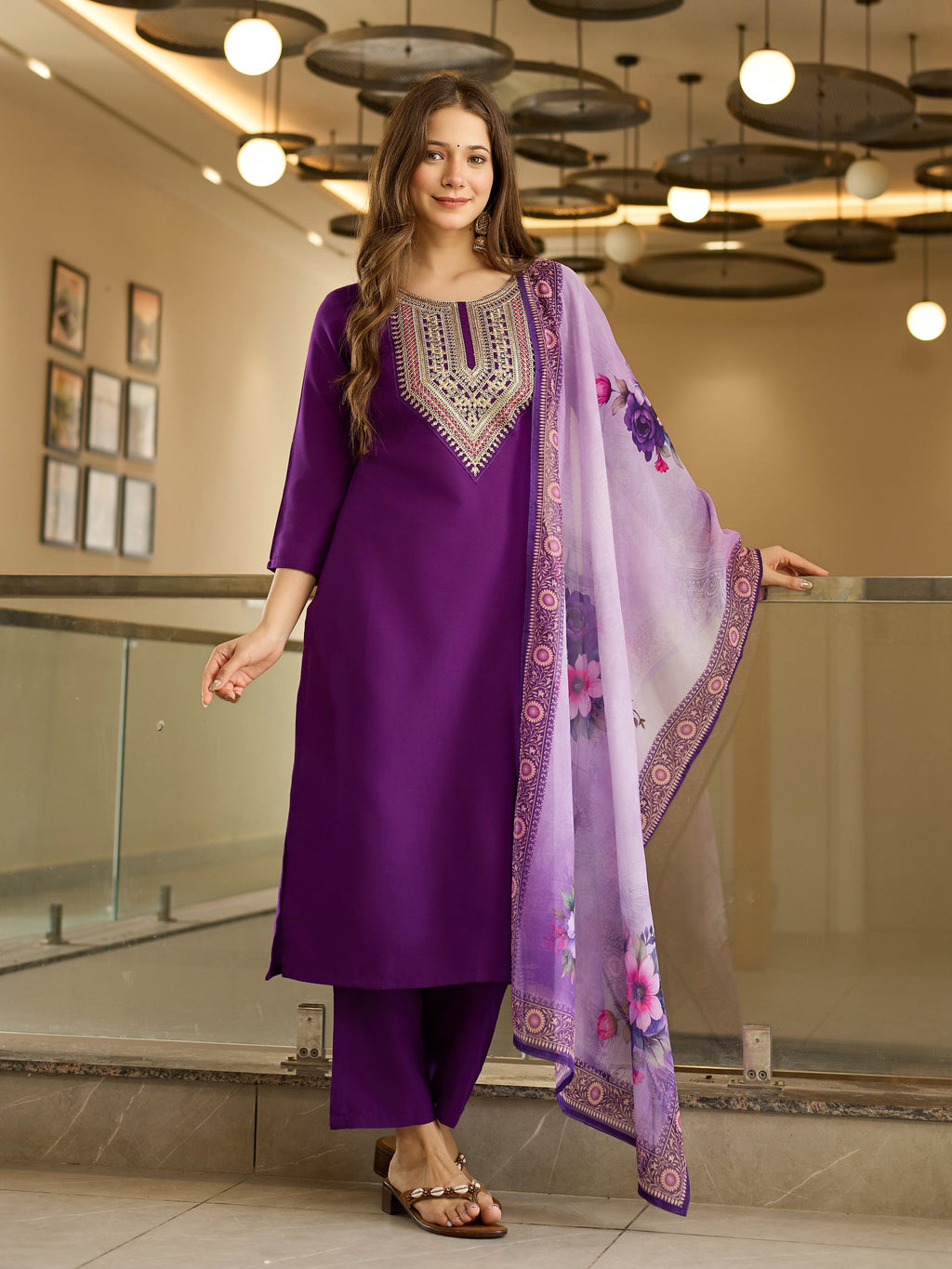 The52 Embroidered Rayon Fabric Straight Kurta, Pant and Dupatta Set - Distacart