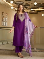The52 Embroidered Rayon Fabric Straight Kurta, Pant and Dupatta Set - Distacart