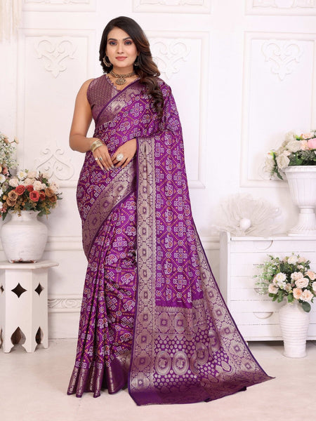 Anaita Purple Soft Satin Silk Bandhej Print Saree With Kanchi Zari Weaving Border