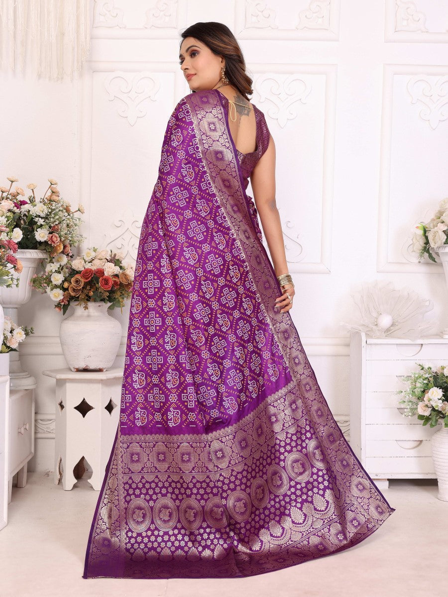 Anaita Purple Soft Satin Silk Bandhej Print Saree With Kanchi Zari Weaving Border - Distacart