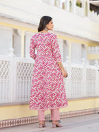 Yufta Purple Checkered Print Anarkali Kurta Trouser With Dupatta Set