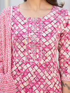 Yufta Purple Checkered Print Anarkali Kurta Trouser With Dupatta Set