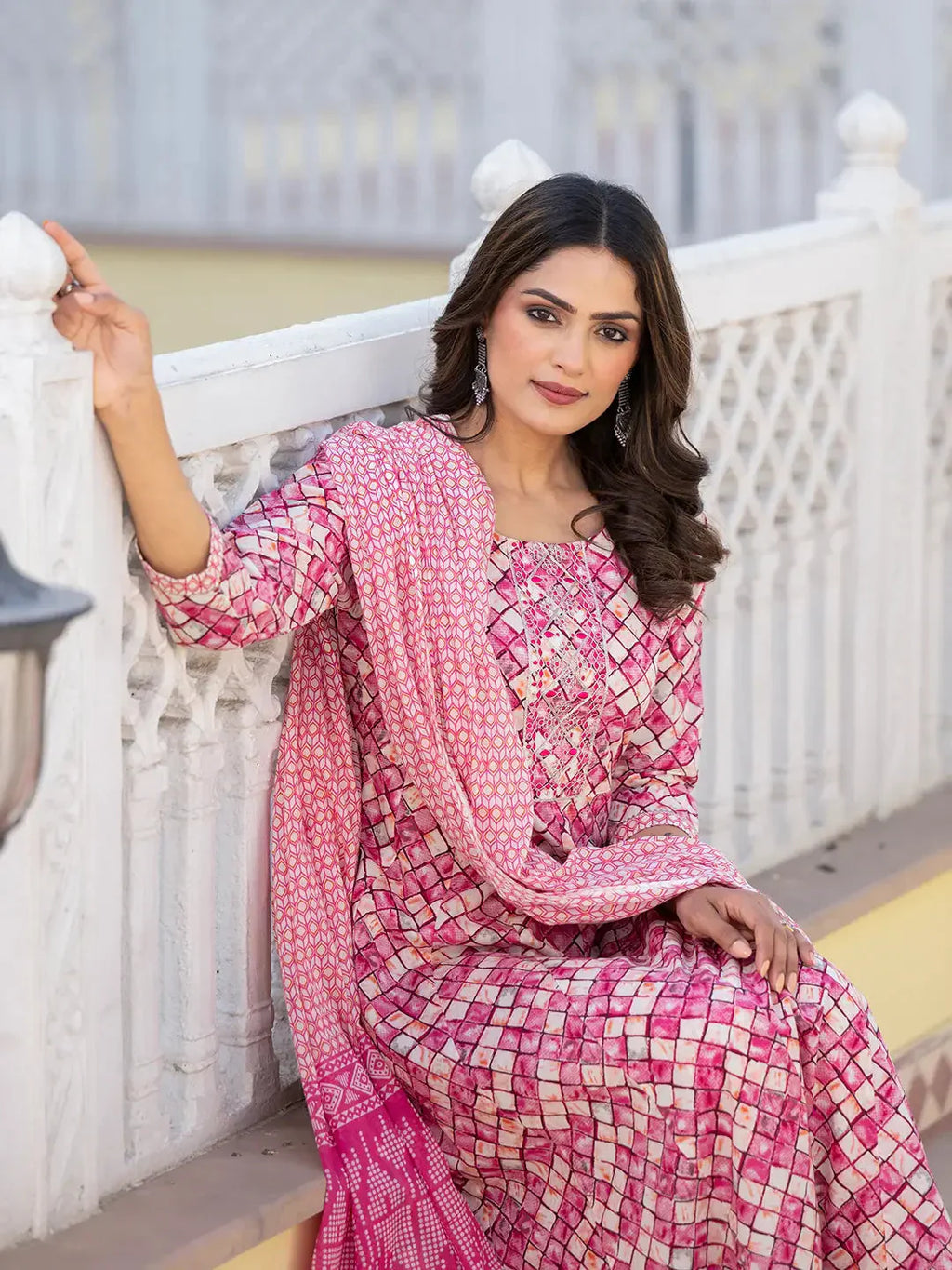 Yufta Purple Checkered Print Anarkali Kurta Trouser With Dupatta Set