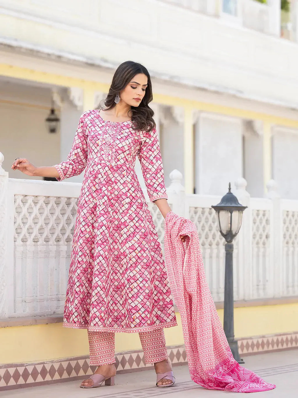 Yufta Purple Checkered Print Anarkali Kurta Trouser With Dupatta Set