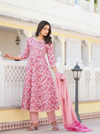 Yufta Purple Checkered Print Anarkali Kurta Trouser With Dupatta Set