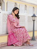 Yufta Purple Checkered Print Anarkali Kurta Trouser With Dupatta Set