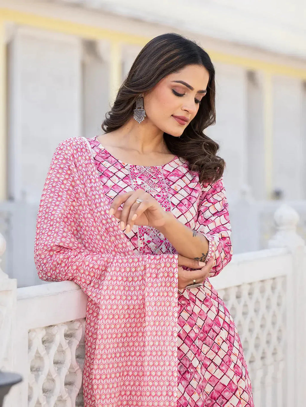 Yufta Purple Checkered Print Anarkali Kurta Trouser With Dupatta Set
