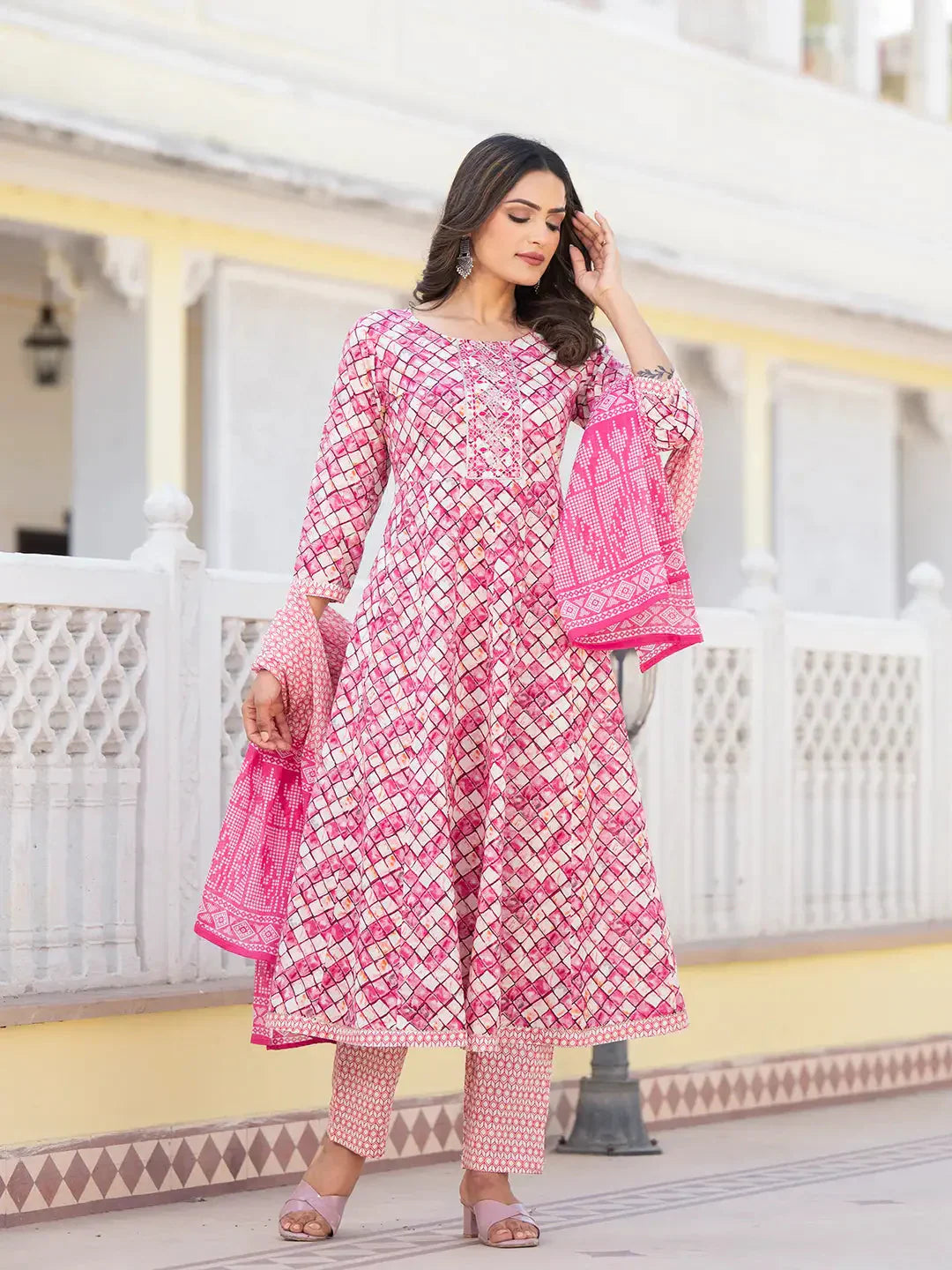 Yufta Purple Checkered Print Anarkali Kurta Trouser With Dupatta Set