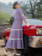 Yufta Purple Cotton Check Tiered Dress - Distacart