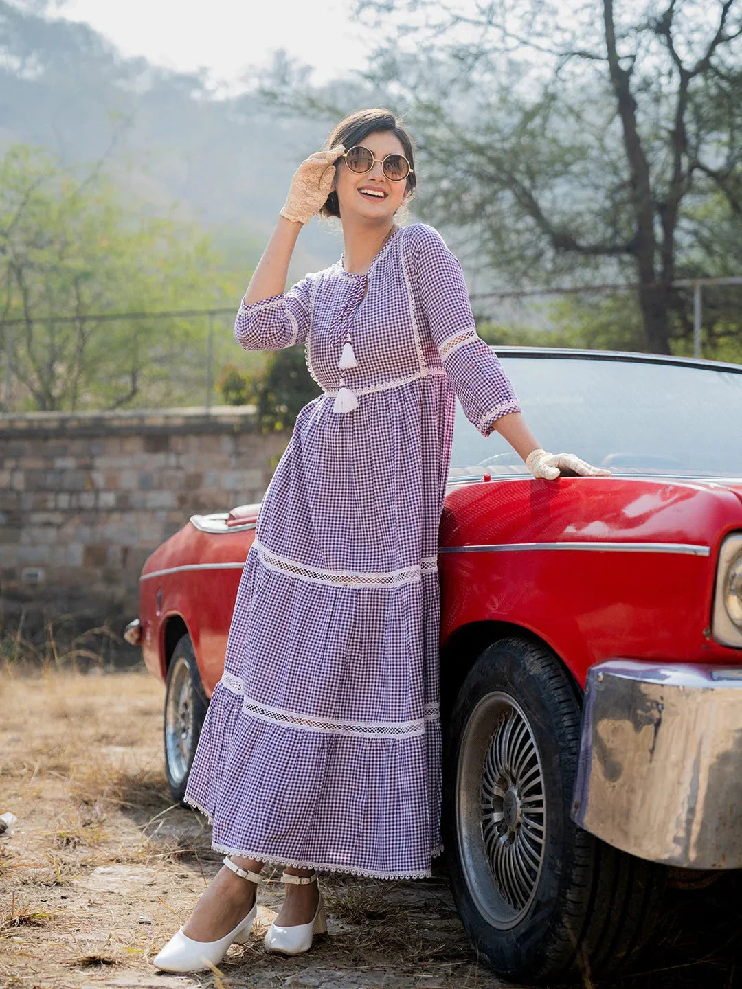 Yufta Purple Cotton Check Tiered Dress - Distacart