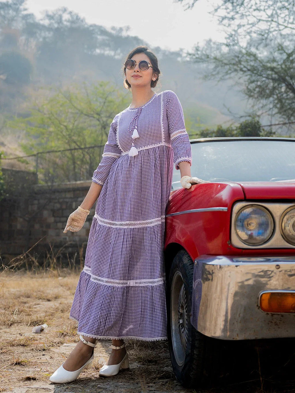 Yufta Purple Cotton Check Tiered Dress - Distacart