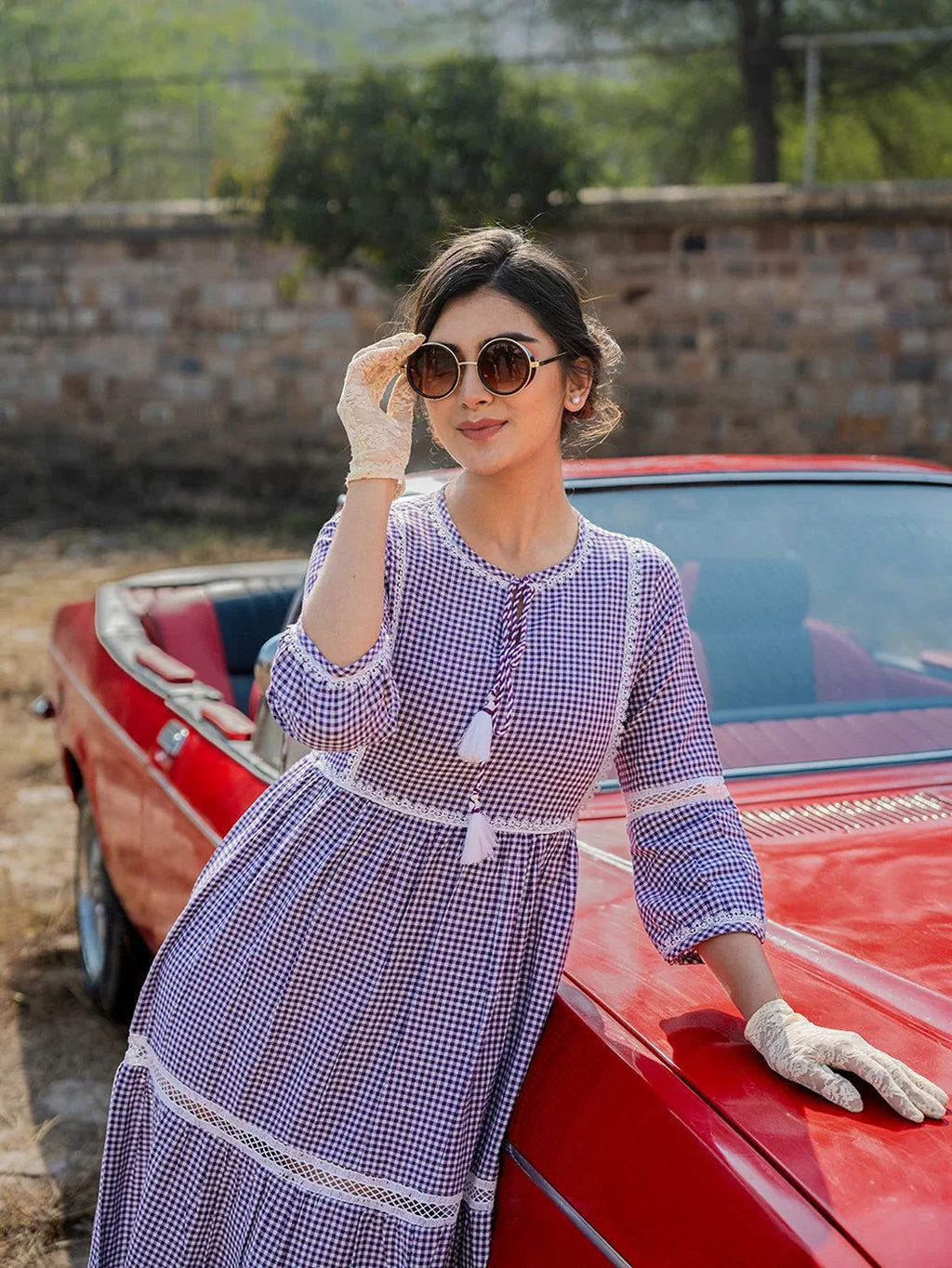 Yufta Purple Cotton Check Tiered Dress - Distacart