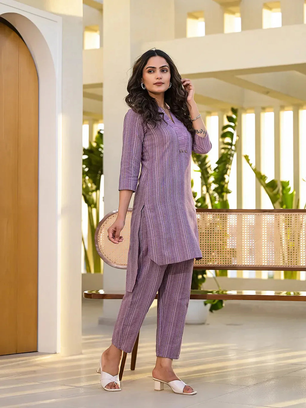 Yufta Purple Cotton Striped Print Co-Ord Set